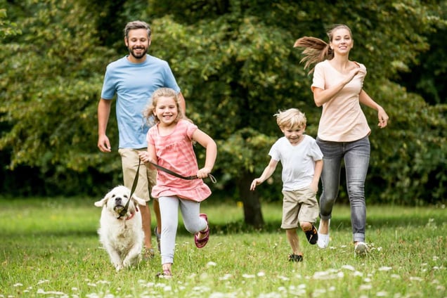 Happy children and parents with dog as family running in the nature
